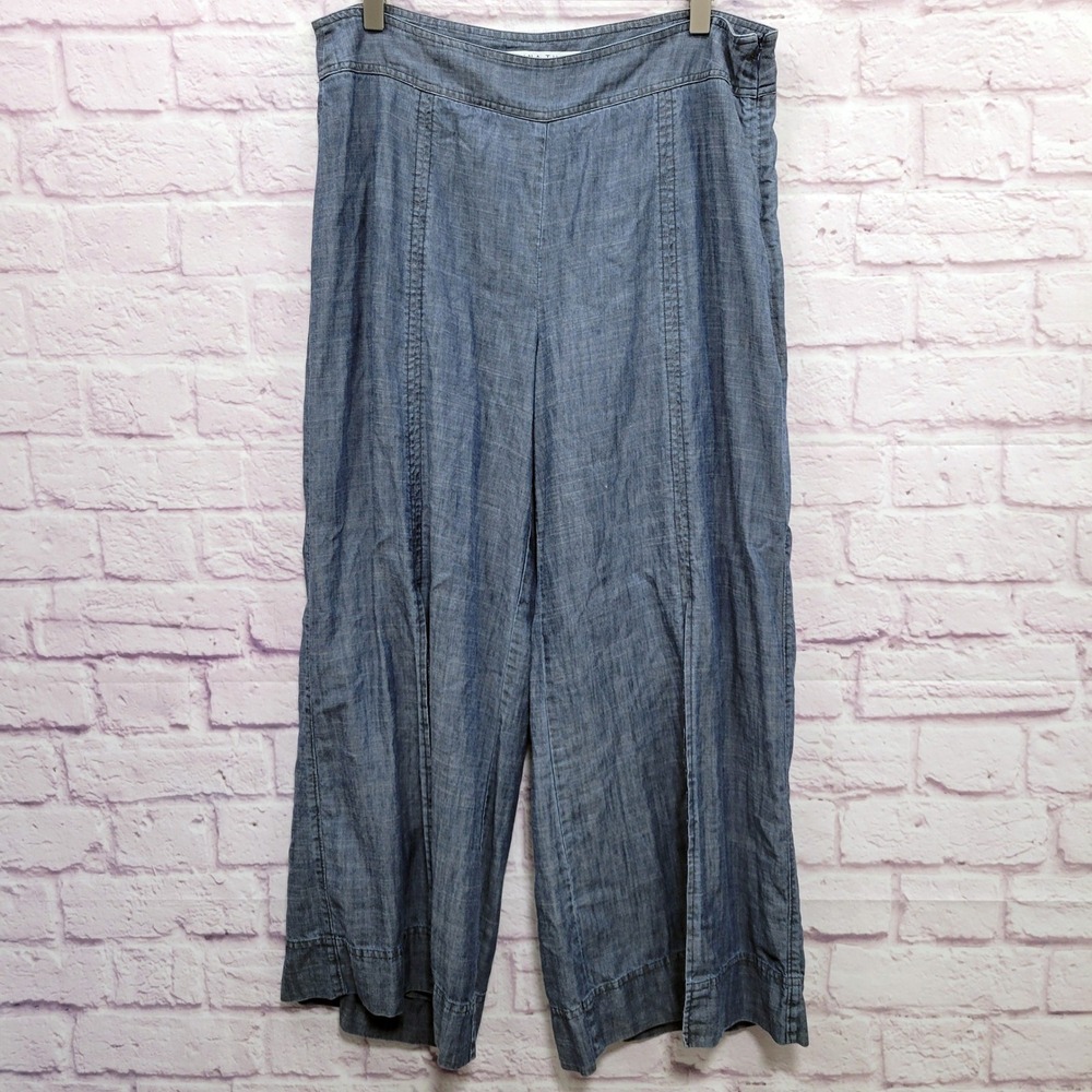 Trina Turk Chambray Wide Leg Cropped Pants 8 Lyocell Linen Slit Coastal Boho Y2K